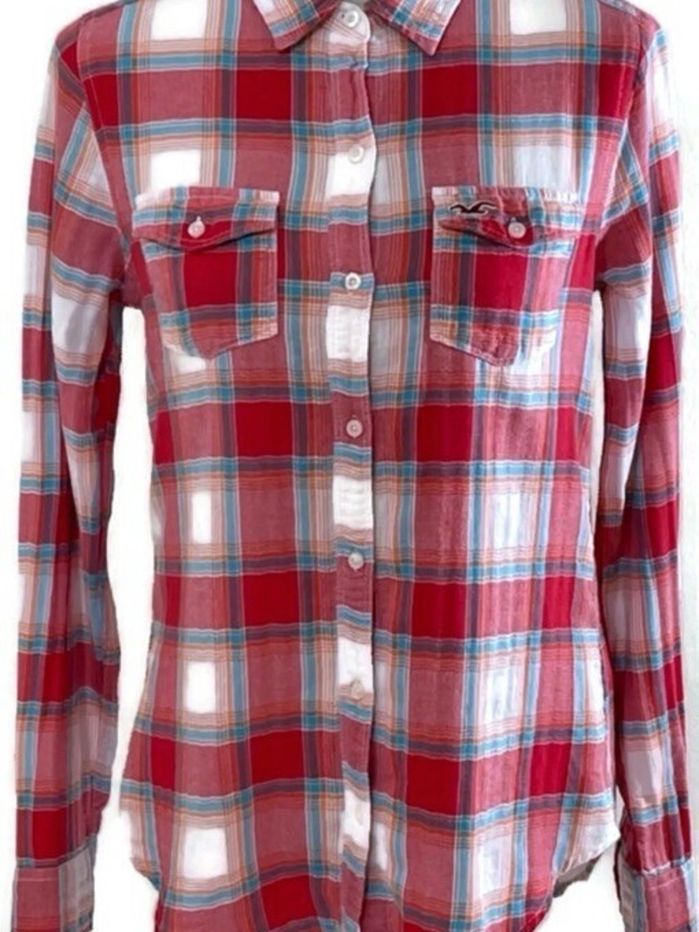 vintage Hollister Plaid Flannel Shirt Pink Blue White Large Women ‘s - Picture 2 of 6